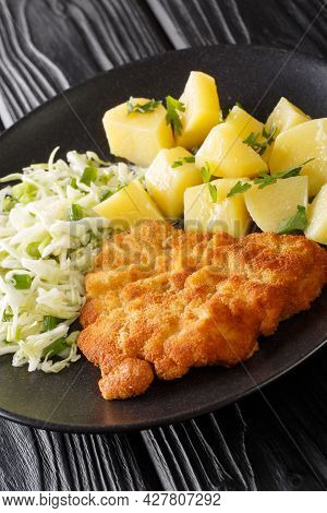 Polish Food Kotlet Schabowy With Boiled Potatoes And Cabbage Salad Close-up In A Plate On A Black Ba