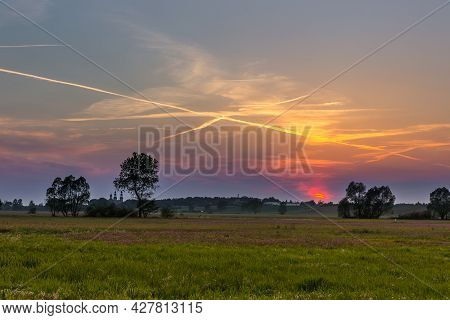 Sunset Over Meadow In Summer, Summer Day. Lad, Landscape Park, Poland.