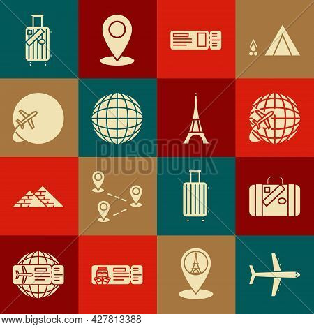 Set Plane, Suitcase For Travel And Stickers, Globe With Flying Plane, Travel Ticket, Earth Globe, An