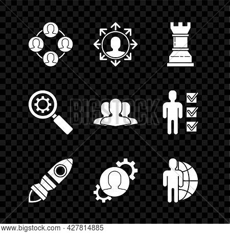 Set Project Team Base, Business Strategy, Rocket Ship With Fire, Human Gear Inside, Globe And People