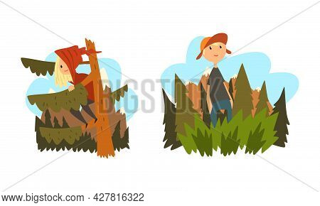 Children Got Lost In Forest, Girl Sitting On Pine And Looking Into Distance, Boy Standing In Tall Gr