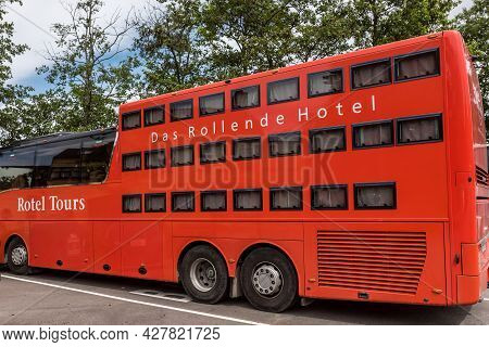 A Red Triple Deck Rotel Bus For Sleeping Guests, Denmark, July 7, 2021