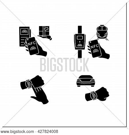 Nfc Technology Glyph Icons Set. Safety Payment System On Smart Watch Or Mobile Phone. Delivery, Publ
