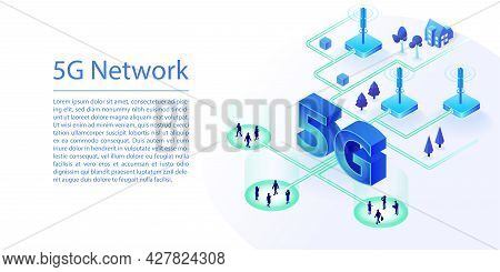 5g Network Web Banner Background For The Telco Industry. 3d Isometric Vector Illustration Of 5g Tele
