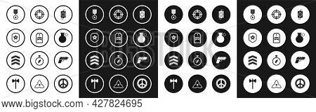 Set Dynamite Stick And Timer Clock, Chevron, Police Badge, Military Reward Medal, Hand Grenade, Targ