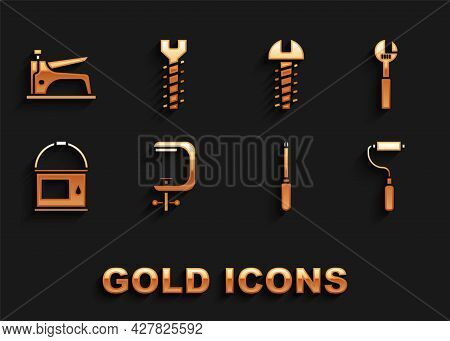 Set Clamp And Screw Tool, Adjustable Wrench, Paint Roller Brush, Screwdriver, Bucket, Metallic, Cons