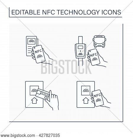 Nfc Technology Line Icons Set. Safety Payment System On Smart Watch Or Mobile Phone. Near Field Comm