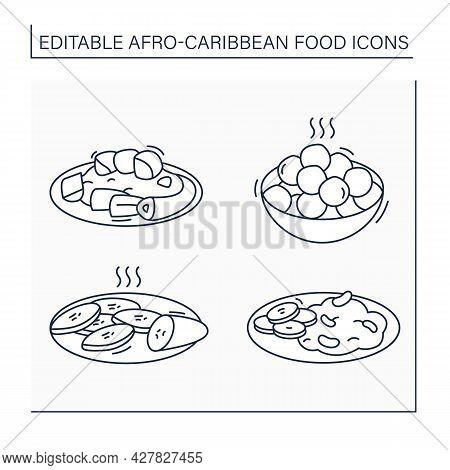 Afro-caribbean Food Line Icons Set. Jollof Oxtail, Fried Plantain, Ewa, Puff-puff. Traditional Dishe
