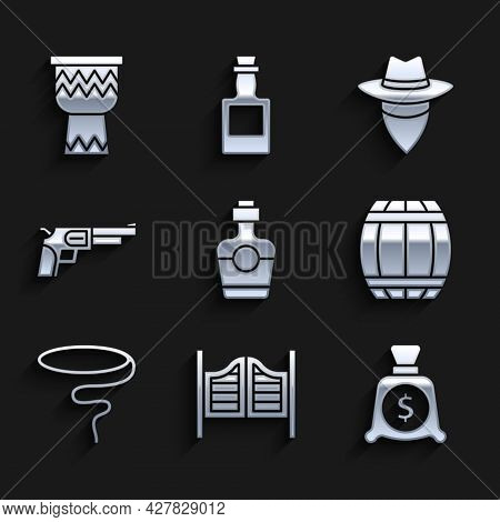 Set Tequila Bottle, Saloon Door, Money Bag, Gun Powder Barrel, Lasso, Revolver Gun, Cowboy And Drum 