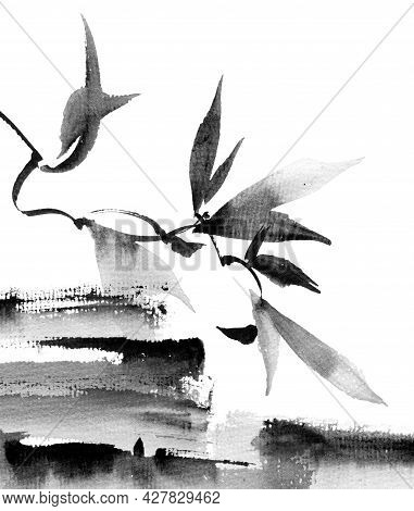 Watercolor And Ink Illustration Of Tree Branch And Abstract Grunge Strokes - Grayscale Drawing On Wh