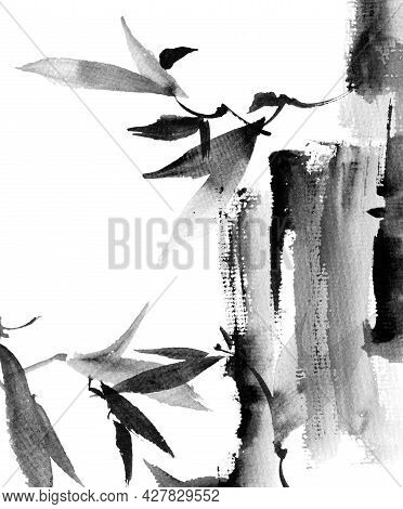 Watercolor And Ink Illustration Of Tree Branch And Abstract Grunge Strokes - Grayscale Drawing On Wh