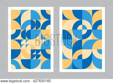 Abstract Geometric Pattern Background. Bauhaus Art Style. Circle, Semicircle, Square Shapes. Yellow,