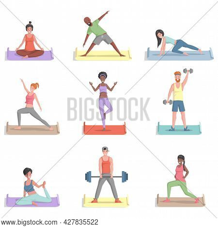 Set Of Different People Training, Doing Sports Activities Vector Flat Illustration. Smiling Men And 