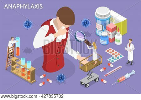 3d Isometric Flat Vector Conceptual Illustration Of Anaphylaxis, Allergic Reactions And First Aid