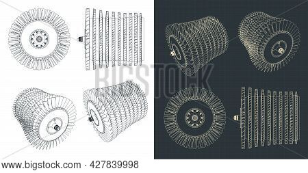 Stylized Vector Illustration Of Blueprints Of Jet Engine Compressor Blades