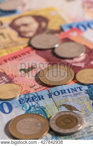 A Composition Of Hungarian Forint. Huf Banknotes And Coins Providing Great Options To Be Used For Il
