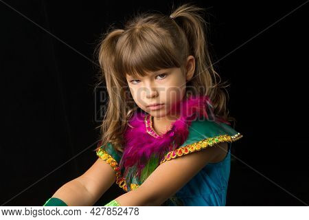 Portrait Of Girl With Angry Face Expression. Beautiful Preteen Girl Dressed Colorful Ethnic Costume 