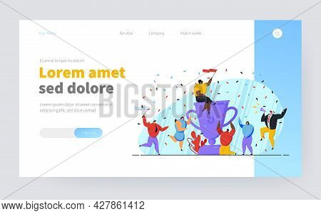 Business Team Giving Winning Party, Celebrating Success, Getting Reward, Dancing Around Huge Prize C