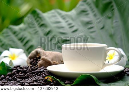 Cup Of Coffee With Coffee Beans On Wood Table Background And Space For Text, Americano Coffee, Ameri