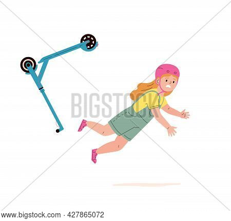 Child Falling Down From Kick Scooter. Little Girl In A Helmet Falls To The Ground After Scooter Acci