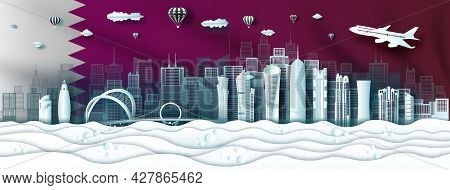 Travel Landmarks Modern Architecture Qatar In Doha Famous City Downtown. Tour Asia With Panorama Pop