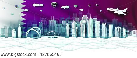 Travel Landmarks Modern Architecture Qatar In Doha Famous City Downtown. Tour Asia With Panorama Pop