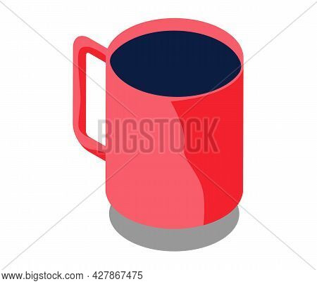 Cup Of Coffee With Shadow Filled With Dark Drink. Red Mug With Hot Tea Isolated On White Background.