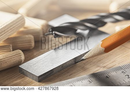 Pencil, Steel Ruler Drawing On Wooden Oak Board For Drilling Holes