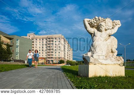 Science city Koltsovo, Russia - 24 July, 2021: Sculpture Centaur in white marble in Work settlement of Koltsovo near Novosibirsk, Summer in small russian town in Siberia