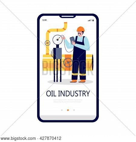 Onboarding Start Mobile Page With Oilman Checking Controlling Industry Equipment
