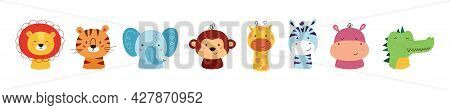 Cute Animal Kawaii Characters. Funny Lion, Tiger, Giraffe, Elephant, Monkey, Hippo, Zebra And Crocod