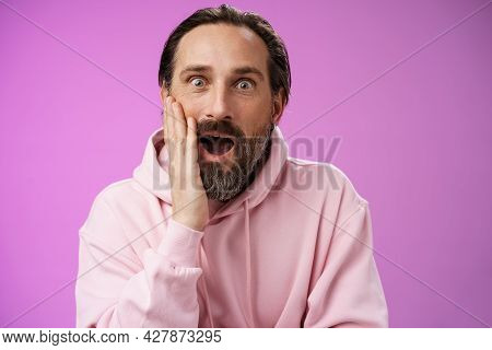 Impressed Fascinated Speechless Mature Male Attend Interesting Lecture Drop Jaw Thrilled Touch Cheek