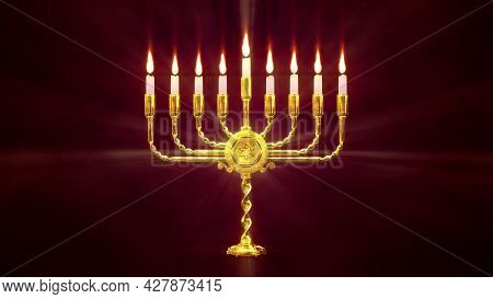 Pretty Golden Hanukkah Menora Flaming . Cg Object 3d Illustration