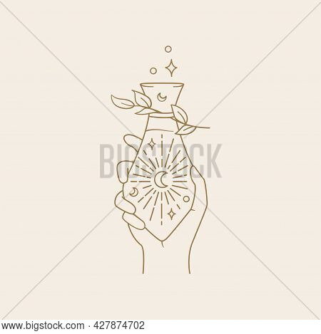 Linear Hand Holding A Mystical Glass Bottle. An Astrological Potion With Moon, Stars And Branch In B