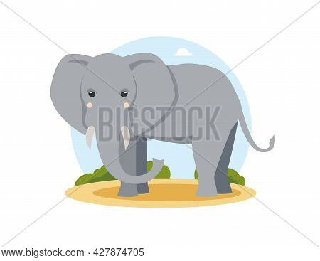 Gray African Elephant In Flat Cartoon Style Standing In The Desert. Friendly Wild Adult Animal. Isol