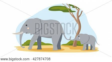 Gray African Elephant With A Baby In Flat Cartoon Style Walking In The Desert With Trees And Sky. Fr
