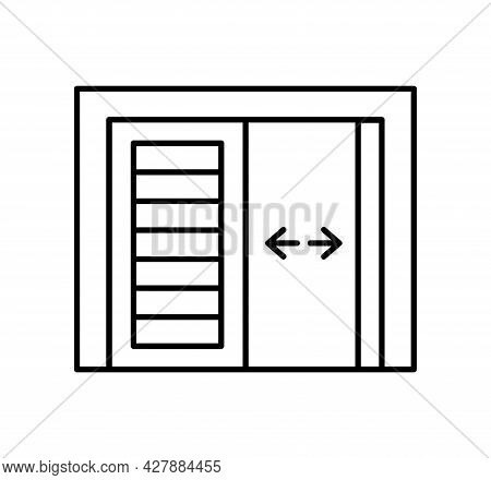 Side Hinged Vintage Garage Door. Black & White Vector Illustration. Line Icon Of Warehouse Gate. Sym