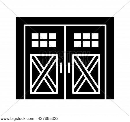Side Hinged Vintage Garage Door. Black & White Vector Illustration. Flat Icon Of Closed Warehouse Or
