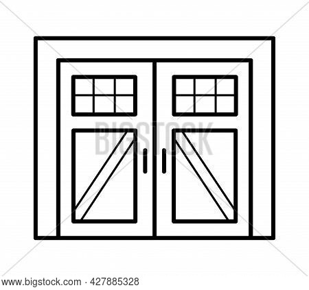 Side Hinged Vintage Garage Door In Rustic Country Style. Black & White Vector Illustration. Line Ico