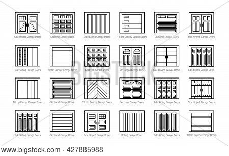 Garage Doors Closed. Line Icon Set. Various Types Of Warehouse Or Workshop Gates. Vector Illustratio