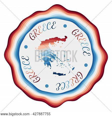 Greece Badge. Map Of The Country With Beautiful Geometric Waves And Vibrant Red Blue Frame. Vivid Ro