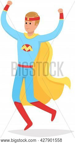 Strong Super Man Smiles And Flies To Save World Stretched Out His Hand. Brave Character In Superhero