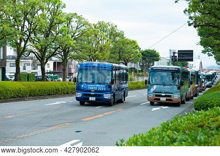 Fuji City, Shizuoka-ken, Japan - June 24, 2021: Tokyo 2020 Olympic Torch Relay. Car Parade With Part
