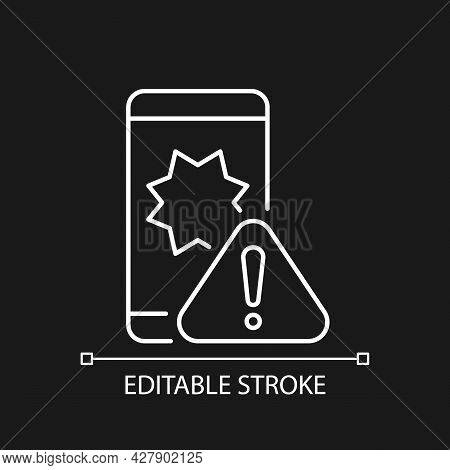 Phone Crashes White Linear Icon For Dark Theme. Smartphone And Exclamation Mark. Restart And Freeze.