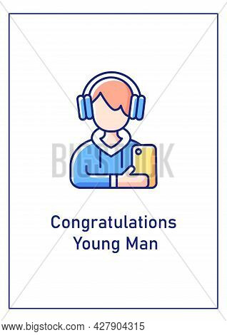 Congratulations Young Man Greeting Card With Color Icon Element. Youth People Engagement. Postcard V