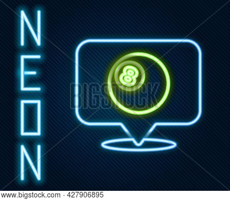 Glowing Neon Line Map Pointer With Billiard Pool Snooker Ball With Number 8 Icon Isolated On Black B