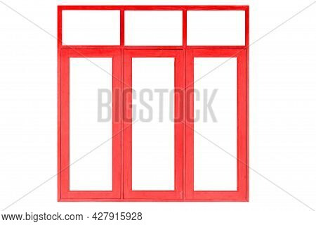 Vintage Red Painted Wooden Window Frame Isolsted On A White Background
