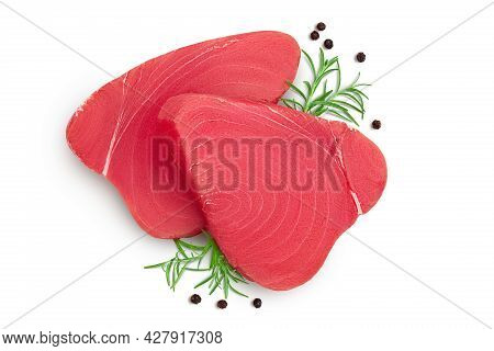 Fresh Tuna Fish Fillet Steak With Rosemary And Peppercorns Isolated On White Background With Clippin