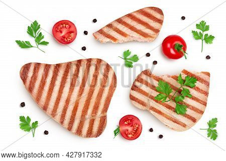 Tuna Fish Steak Grilled Isolated On White Background With Clipping Path And Full Depth Of Field, Top