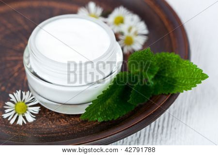 container with cream urtica and chamomiles on browm plate